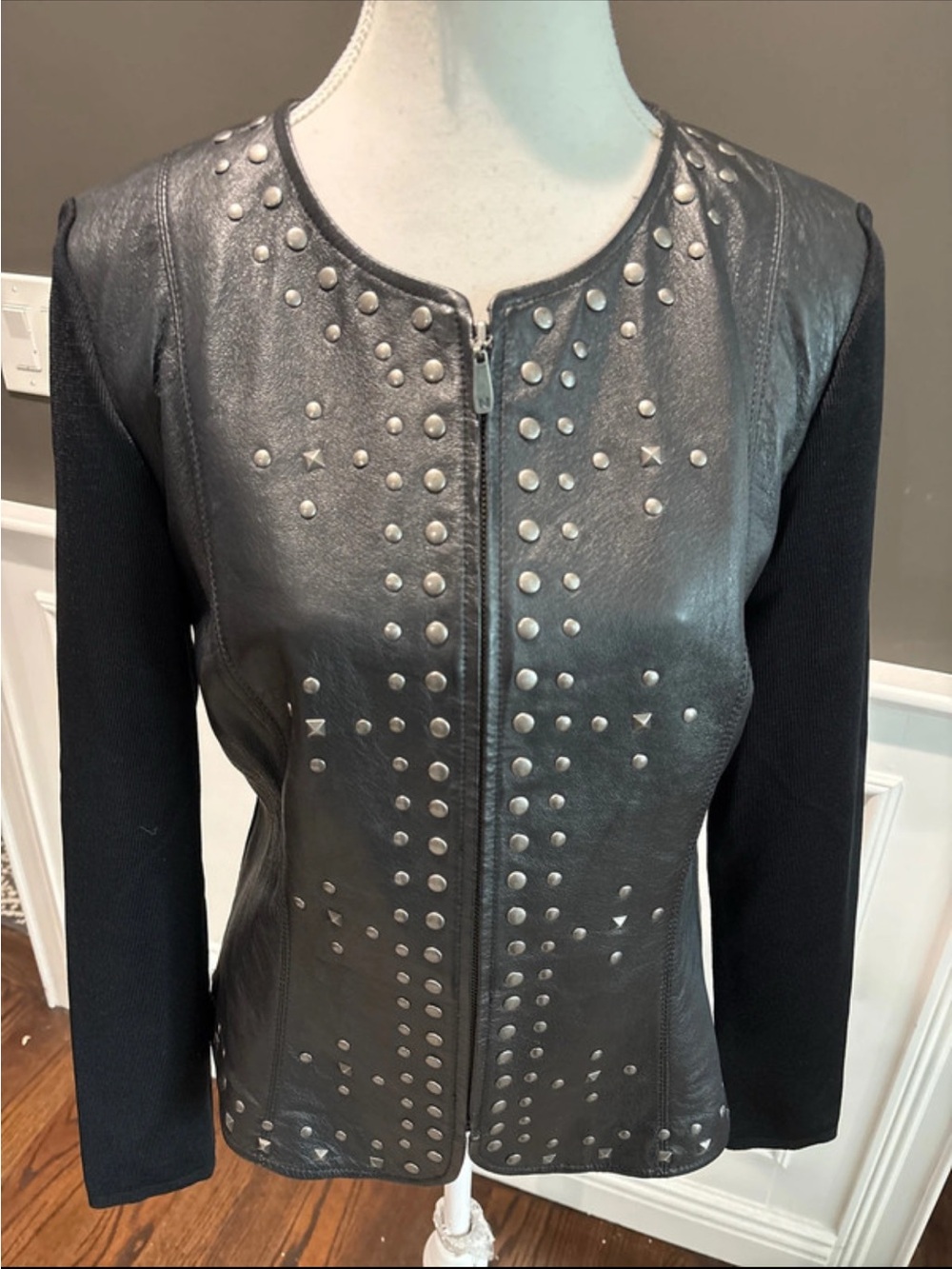 Peter Nygard Black Studded Leather-Front Jacket